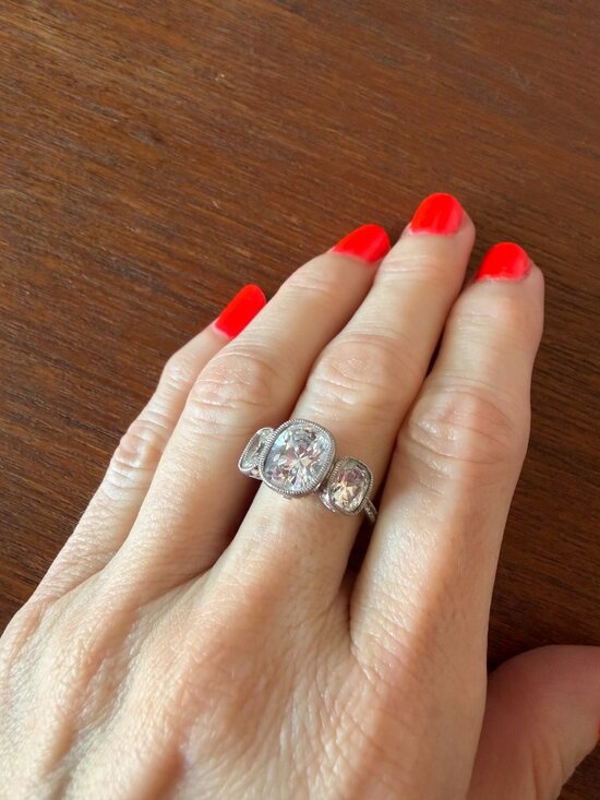 Jean Dousset Jewelry - Vintage Jean Dousset Heirloom 925 CZ 3-Stone Mill-grain Cushion Cut Ring